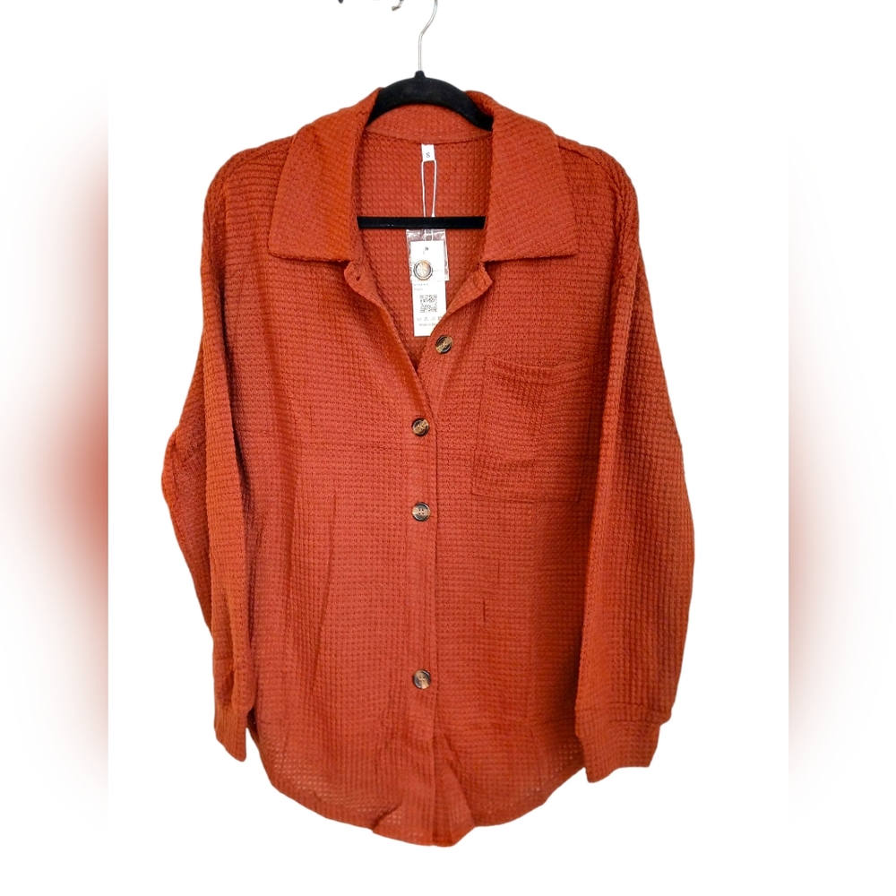 WNEEDU Women's Waffle Knit Shacket Jacket Button Down Shirt-NWT Size Small